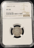 1843-O Seated Liberty Dime, Key Date, VF20 NGC. (25382)