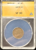 1875-P  Indian Head Cent Small Cent. VF30 ANACS (25562)