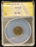 1874-P  Indian Head Cent Small Cent. VF35 ANACS (25564)
