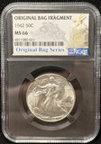 1942-P Walking Liberty Half Dollar, MS66 NGC W/ Original Bag Fragment (25660)