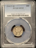 1942/1-D Mercury Head Dime, VF25 PCGS (25840)