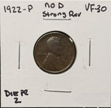 1922-NO D Strong Reverse Lincoln Wheat Cent, VF30. (26370)