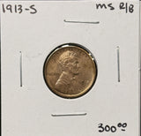 1913-S Lincoln Wheat Cents, Choice Uncirculated R/B, Color A Bit Off. (26416)