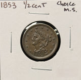 1853-P Braided Hair Half Cent, Choice Uncirculated BN (26458)