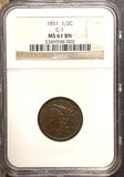 1851 Half Cent, C-1. MS61 BN, NGC (26875)