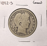 1892-S Barber Half Dollar, Key Date, Nicely Circulated.  (27056)