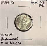 1939-D RPM FS-501  Mercury Head Dime, Choice Uncirculated FSB. (27214)