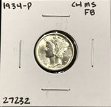 1934-P  Mercury Head Dime, Choice Uncirculated FSB. (27232)