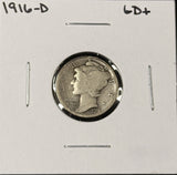 1916-D Mercury Head Dime, Key Date,  Nicely Circulated G/VG (27292)