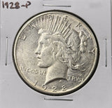 1928-P Peace Silver Dollar, Choice AU+, White, (27348)
