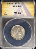 1892-P Barber Quarter, MS61 White ANACS (27599)