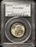 1937-S Washington Quarter White Gem MS65 PCGS (27619)
