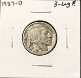 1937-D 3-Leg  Buffalo Nickel, Nice Fine.  (27758)