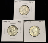 1943-P,D,S  Washington Quarter, 3 Coin Set, Choice Uncirculated. (27924)