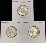 1944-P,D,S  Washington Quarter, 3 Coin Set, Choice Uncirculated. (27926)