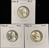 1946-P,D,S  Washington Quarter, 3 Coin Set, Choice Uncirculated. (27930)