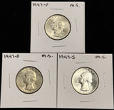 1947-P,D,S  Washington Quarter, 3 Coin Set, Choice Uncirculated. (27932)