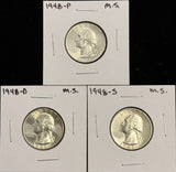 1948-P,D,S  Washington Quarter, 3 Coin Set, Choice Uncirculated. (27934)