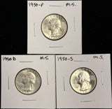 1950-P,D,S  Washington Quarter, 3 Coin Set, Choice Uncirculated. (27938)