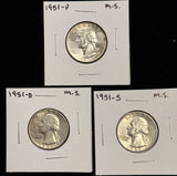1951-P,D,S  Washington Quarter, 3 Coin Set, Choice Uncirculated. (27940)