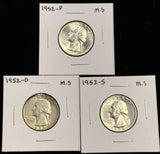 1952-P,D,S  Washington Quarter, 3 Coin Set, Choice Uncirculated. (27944)