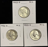 1953-P,D,S  Washington Quarter, 3 Coin Set, Choice Uncirculated. (27946)