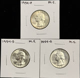 1954-P,D,S  Washington Quarter, 3 Coin Set, Choice Uncirculated. (27948)