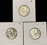 1954-P,D,S  Washington Quarter, 3 Coin Set, Choice Uncirculated. (27948)