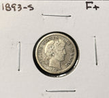 1893-S Barber Dime, Nicely Circulated F+. (28279)