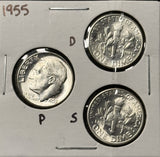 1955-P,D,S  Roosevelt Dime Set, Choice Uncirculated White, (28347)
