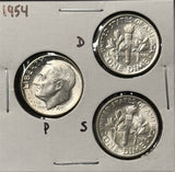 1954-P,D,S  Roosevelt Dime Set, Choice Uncirculated White, (28349)