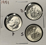 1951-P,D,S  Roosevelt Dime Set, Choice Uncirculated White, (28355)