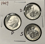 1947-P,D,S  Roosevelt Dime Set, Choice Uncirculated White, (28363)