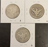 1902-P,O,S, Barber Half Dollars. Nicely Circulated, (28447)