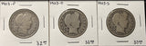 1903-P,S,O, Barber Half Dollars. Nicely Circulated, (28448)