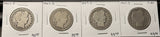 1907-P,D,S,O, Barber Half Dollars. Nicely Circulated, (28450)