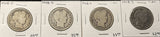 1908-P,D,S,O, Barber Half Dollars. Nicely Circulated, (28451)