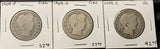 1909-P,S,O, Barber Half Dollars. Nicely Circulated, (28459)