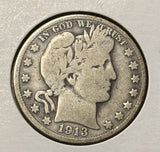 1913-S Barber Half Dollar. Nicely Circulated, (28469)