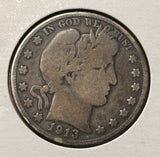 1913-D Barber Half Dollar. Nicely Circulated, (28471)