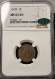 1869-P Indian Head Cent, MS63BN NGC+CAC (28534)