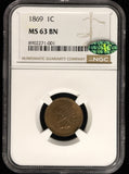 1869-P Indian Head Cent, MS63BN NGC+CAC (28534)