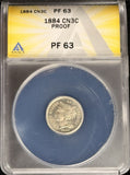 1884-P Nickel Three Cent, PF63, ANACS, Better Date (28570)
