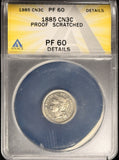 1885-P Nickel Three Cent, PF60 Details, ANACS, Better Date (28578)