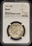 1911-P Barber Half Dollar. Straight Grade MS64 NGC  (28596)