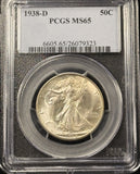 1938-D Walking Liberty Half Dollar. Flashy Straight Grade MS65 PCGS White  (28600)