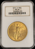 1914-D Saint Gaudens Gold $20 Double Eagle, MS64 NGC Fatty (28744)