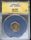 1909-S VDB Lincoln Wheat Cent, Key Date, AU Details Cleaned, ANACS (28930)