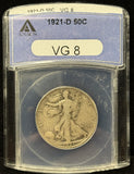 1921-D Walking Liberty Half Dollar, Key Date, VG8 ANACS (28943)
