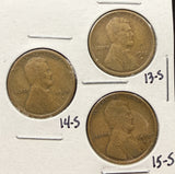 1913-S, 14-S, 15-S Lincoln Wheat Cents, Nicely Circulated. (29048)